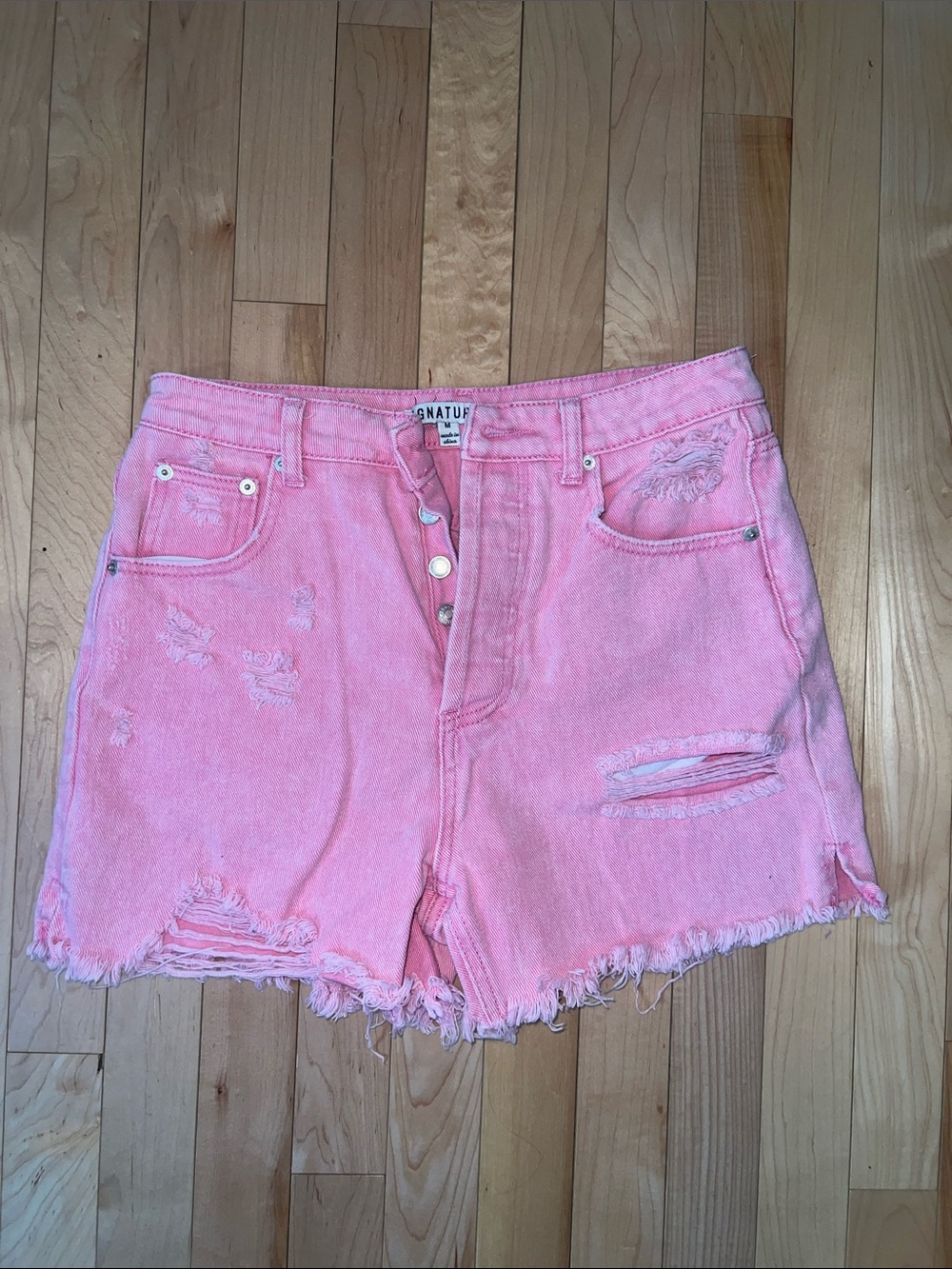 Signature High-Rise Distressed Pink Denim Shorts